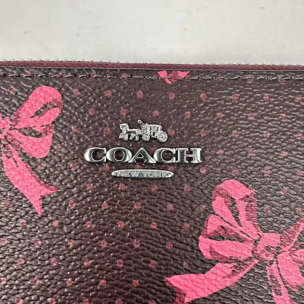 Coach Long Zip Around Wallet Signature Canvas Bow Print Silver/Merlot CZ327